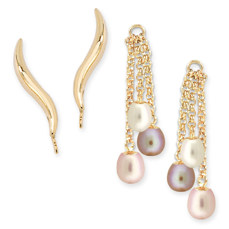 18k Gold Over Silver Classic Ear Pin Earrings with Triple Pearl Enhancers
