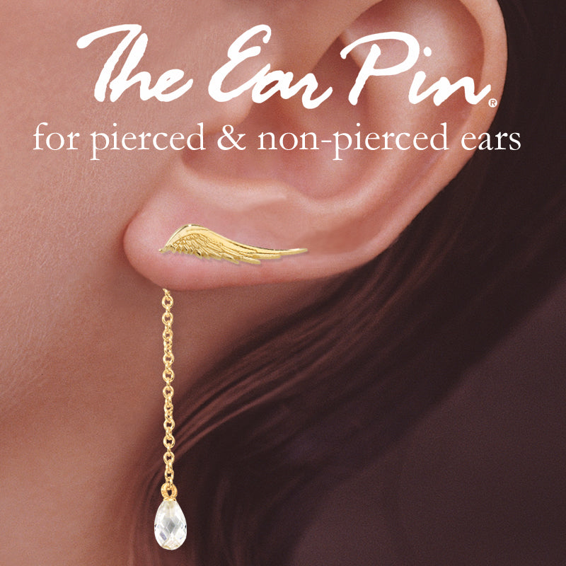 Gold Angel Ear Pin Earring with CZ Interchangeable Dangle