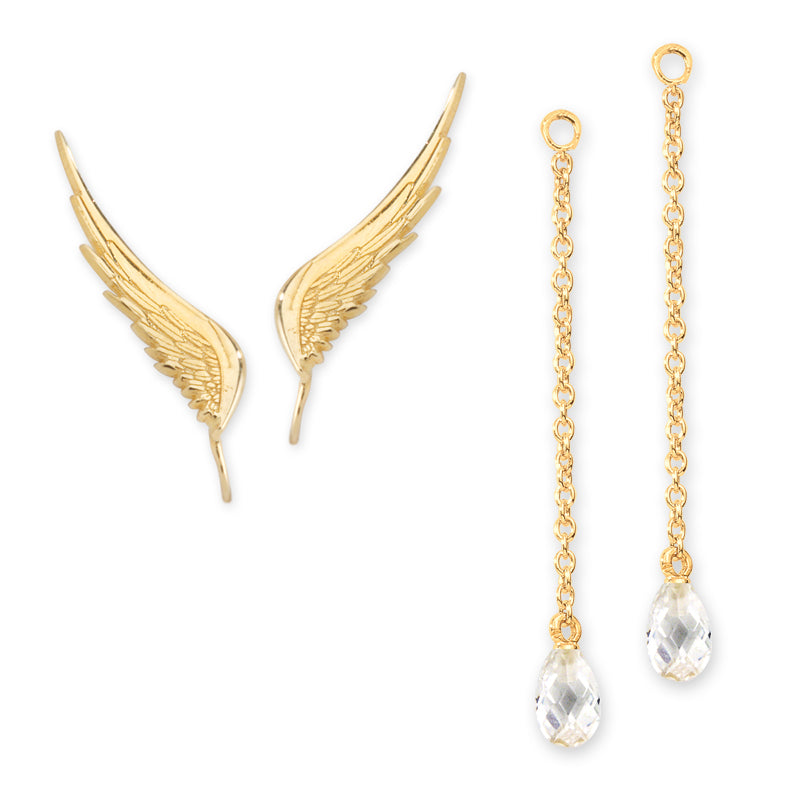 Gold Angel Ear Pin Earring with CZ Interchangeable Dangle