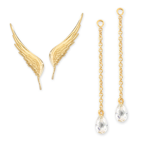 Gold Angel Ear Pin Earring with CZ Interchangeable Dangle