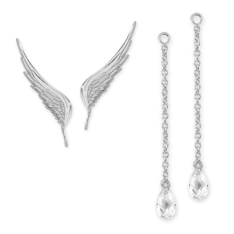 Silver Angel Ear Pin Earring with CZ Interchangeable Dangle