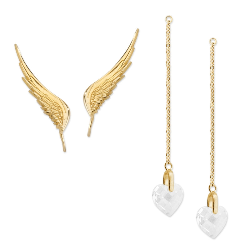 Ear Climber Angel Wings Ear Pin Earrings w Interchangeable Cubic Zirconia Heart Drop Earrings 18k Gold Over Silver