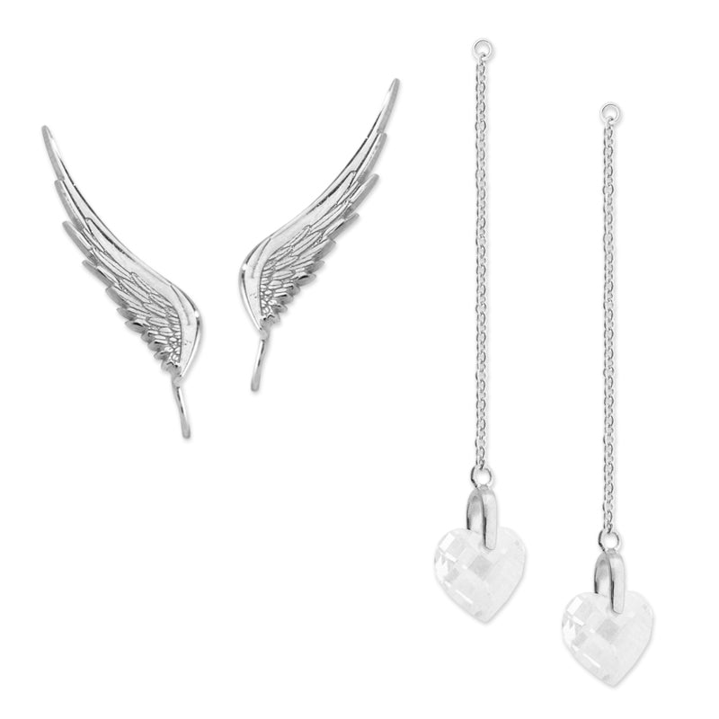Ear Climber Angel Wings Ear Pin Earrings w Interchangeable Cubic Zirconia Heart Drop Earrings Sterling Silver