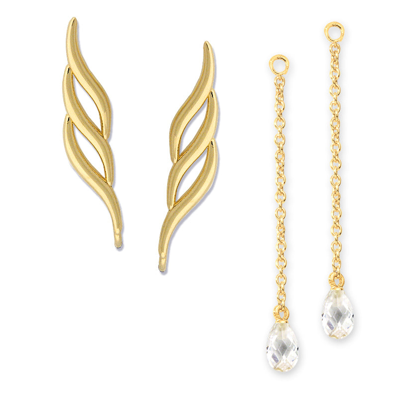 Gold Over Silver Triple Swirls Ear Pin Earrings w Interchangeable CZ Enhancers