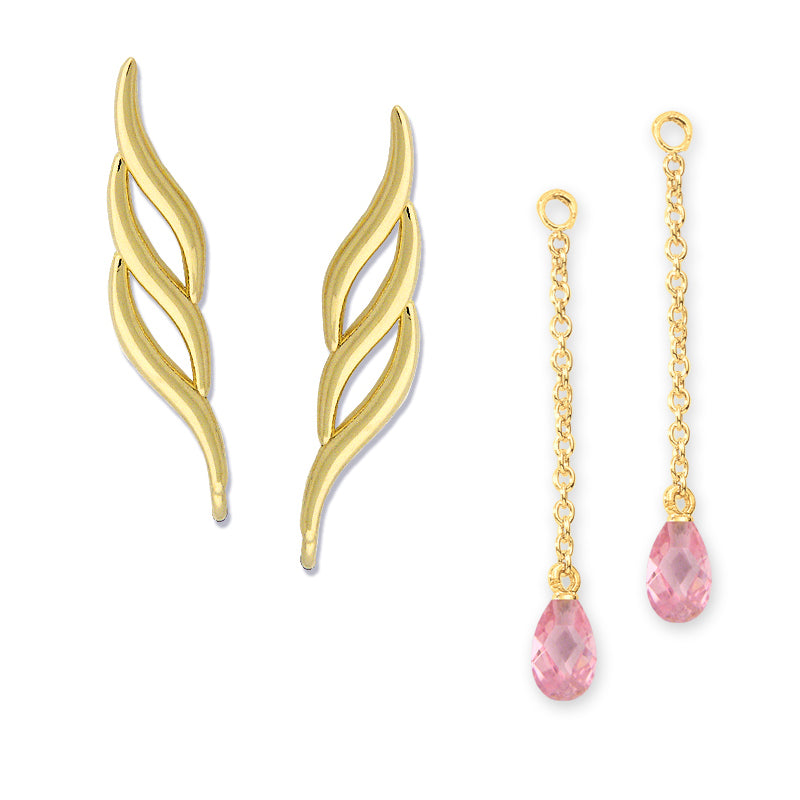 18k Gold over Silver Triple Swirls Ear Pin Earrings w Interchangeable Pink CZ Enhancers