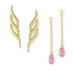 18k Gold over Silver Triple Swirls Ear Pin Earrings w Interchangeable Pink CZ Enhancers