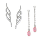 Silver Triple Swirls Ear Pin Earrings w Interchangeable Pink CZ Enhancers