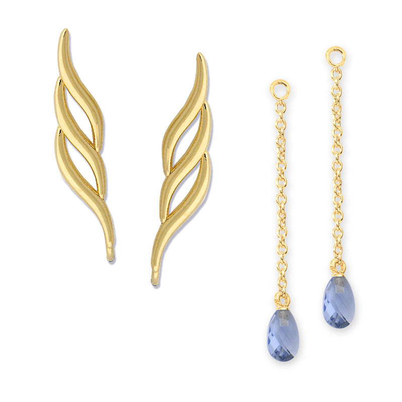 Gold Over Silver Triple Swirls Ear Pin Earrings w Interchangeable Tanzanite Enhancers