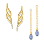 Gold Over Silver Triple Swirls Ear Pin Earrings w Interchangeable Tanzanite Enhancers