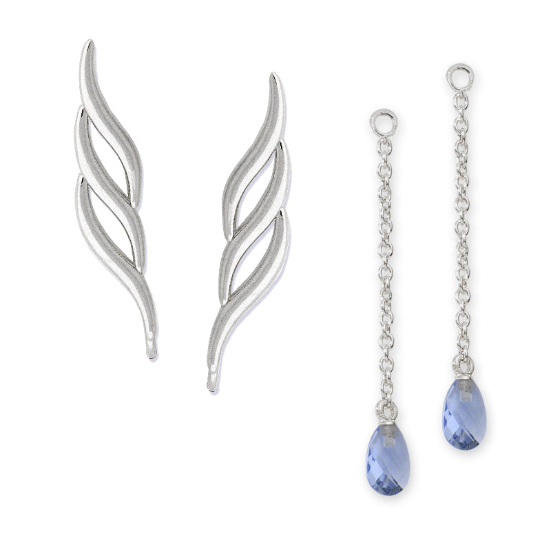 Silver Triple Swirls Ear Pin Earrings w Interchangeable Tanzanite Enhancers