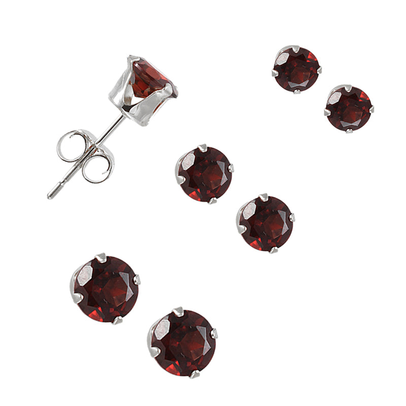 Triple Set Garnet Stud Earrings Sterling Silver