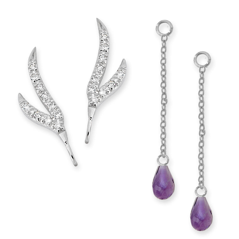 CZ Branches Silver Ear Pin Earrings with Amethyst Enhancers Earrings