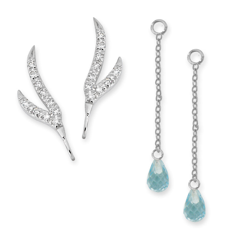 CZ Branches Silver Ear Pin Earrings with Blue Topaz Enhancers Earrings