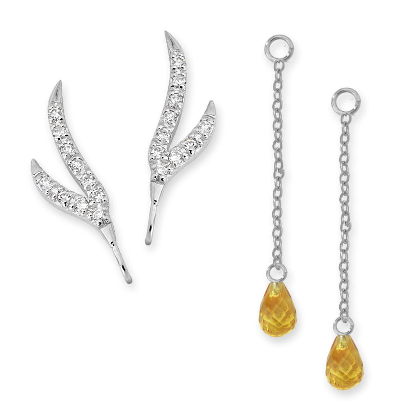CZ Branches Silver Ear Pin Earrings with Citrine Enhancers Earrings
