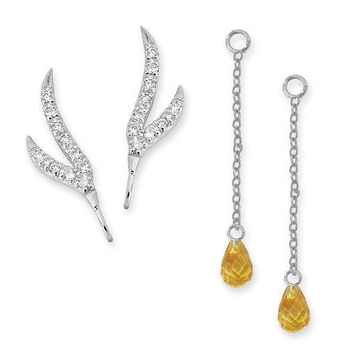 CZ Branches Silver Ear Pin Earrings with Citrine Enhancers Earrings