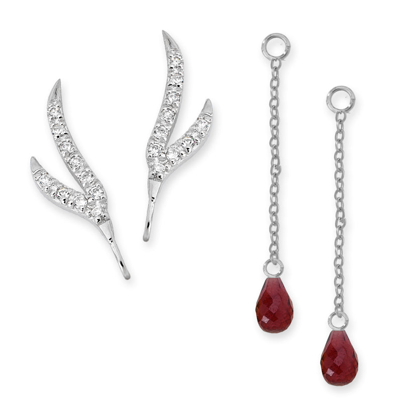 CZ Branches Silver Ear Pin Earrings with Garnet Enhancers Earrings