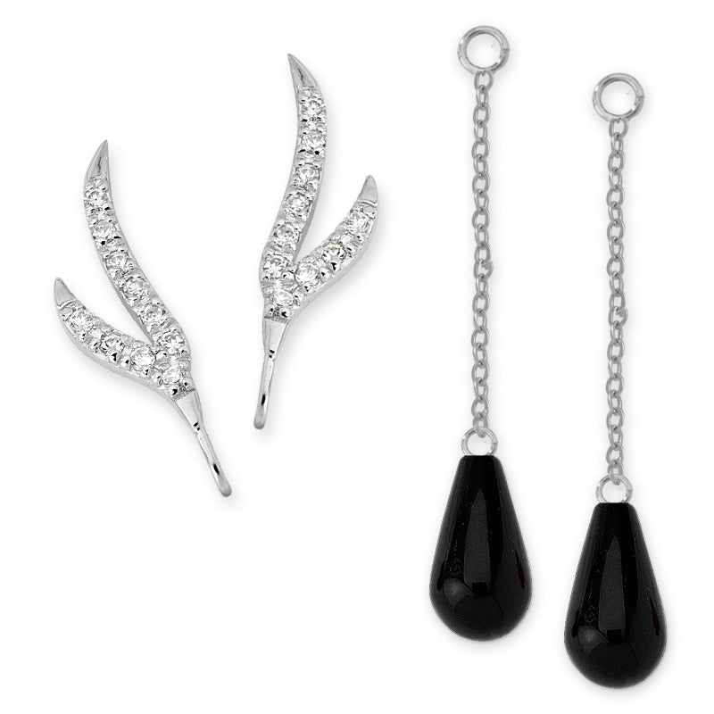 CZ Branches Silver Ear Pin Earrings with Onyx Enhancers Earrings