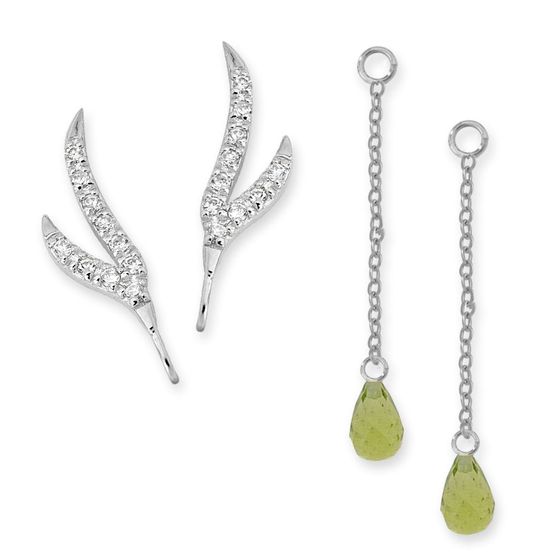 CZ Branches Silver Ear Pin Earrings with Peridot Enhancers Earrings