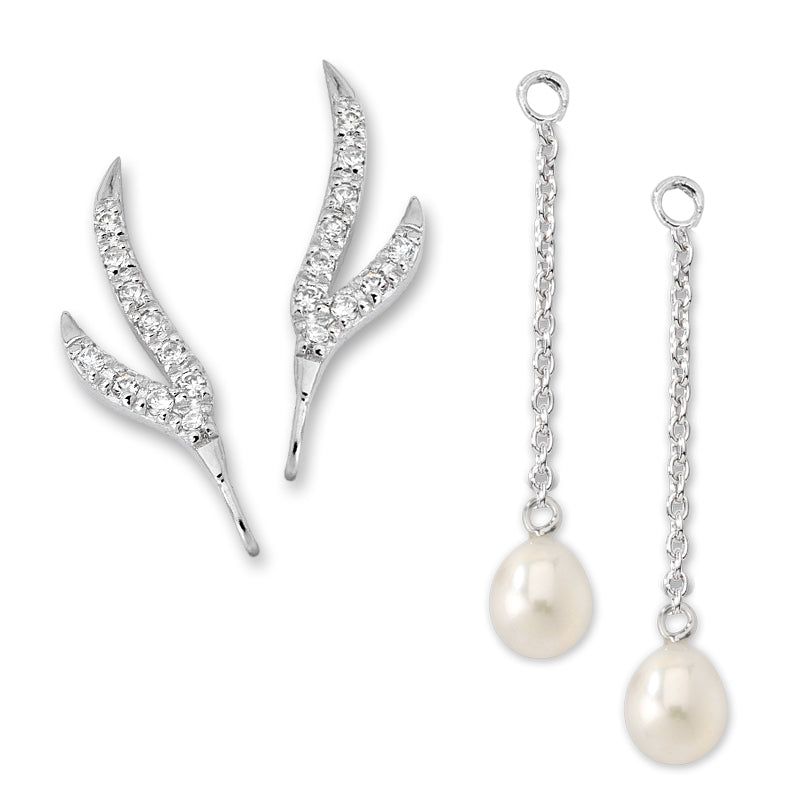 CZ Branches Silver Ear Pin Earrings with Pearl Enhancers Earrings