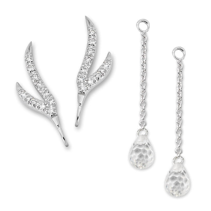 CZ Branches Silver Ear Pin Earrings with Cubic Zirconia Enhancers Earrings