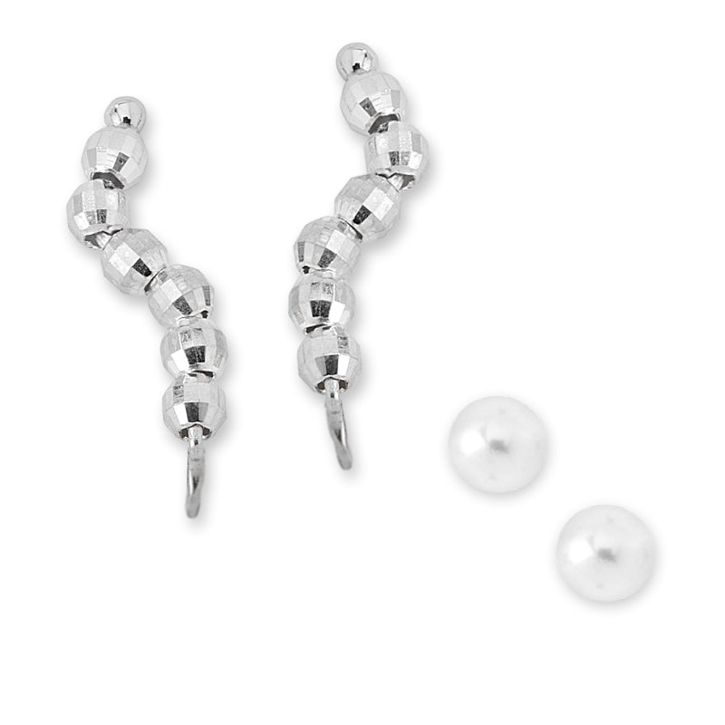silver Faceted Beads Ear Pin Earrings with Silver Pearl Stud Earrings