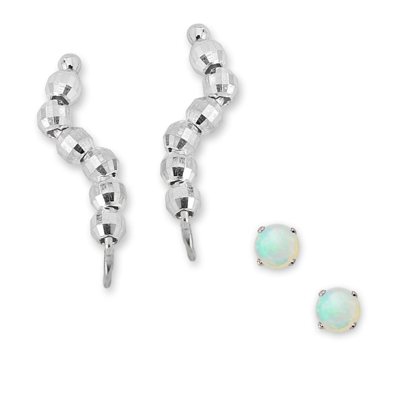 Silver Faceted Beads Ear Pin Earrings with Silver Opal Stud Earrings