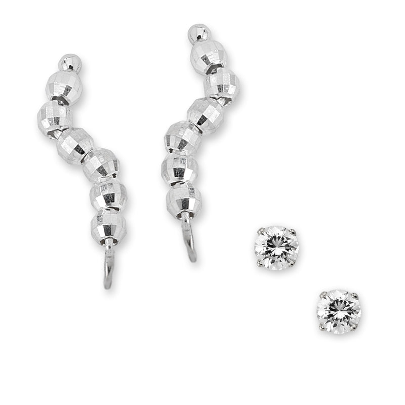 Silver Faceted Beads Ear Pin Earrings with Silver Cubic Zirconia Stud Earrings