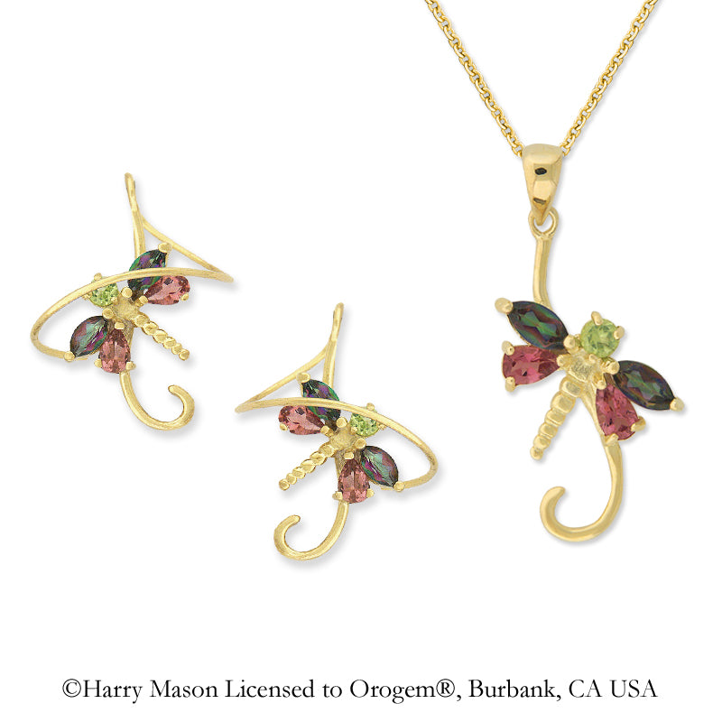 18k Gold Over Silver Multi Gemstone Dragonfly Earspirals Earrings with Matching Dragonfly Pendant