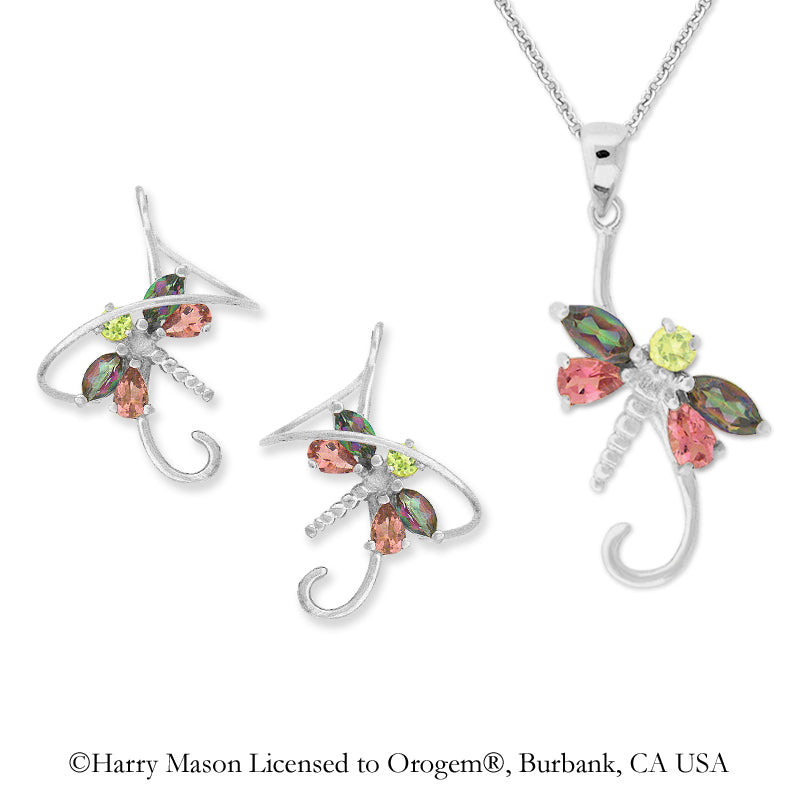 Silver Multi Gemstone Dragonfly Earspirals Earrings with Matching Dragonfly Pendant 