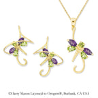 18k Gold Over Silver Multi Gemstone Dragonfly Earspirals Earrings with Matching Dragonfly Pendant