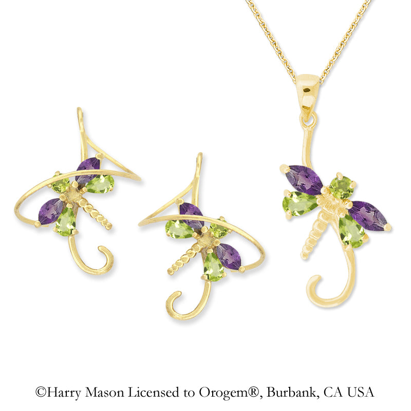18k Gold Over Silver Multi Gemstone Dragonfly Earspirals Earrings with Matching Dragonfly Pendant