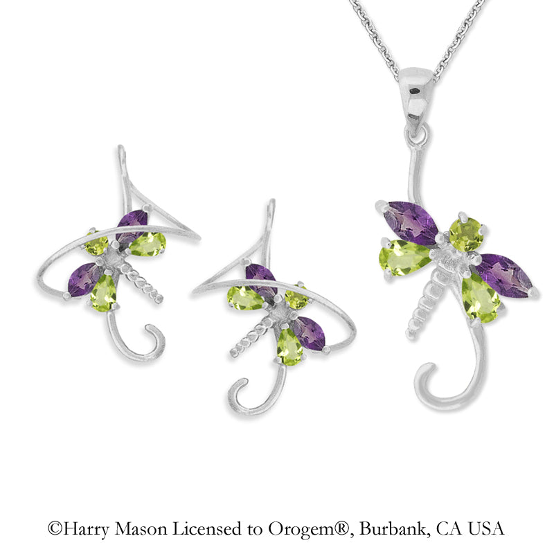 Silver Multi Gemstone Dragonfly Earspirals Earrings with Matching Dragonfly Pendant 