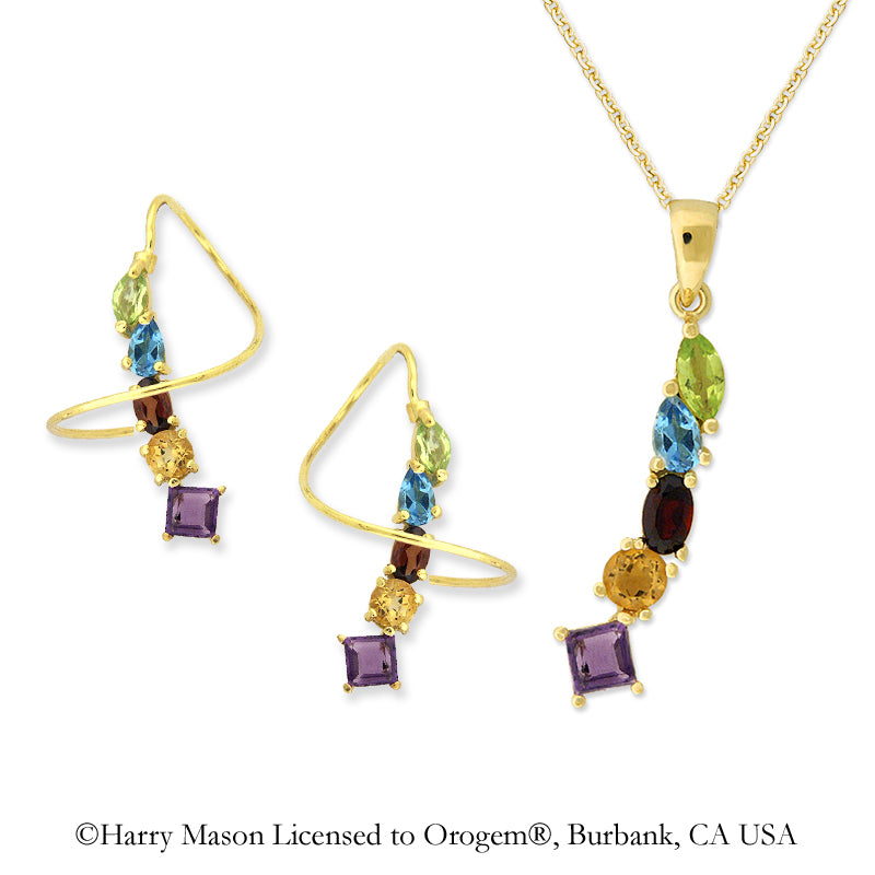 18k Gold Over Silver Multi Gemstone Multi Shapes Earspirals Earrings with Matching Pendant