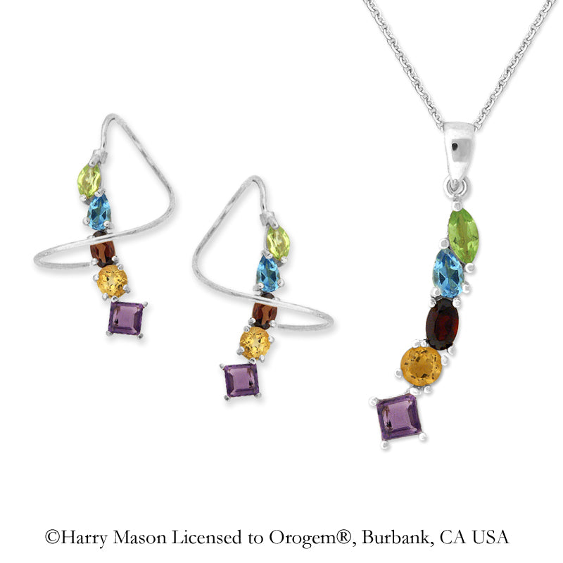 Silver Multi Gemstone Multi Shapes Earspirals Earrings with Matching Pendant