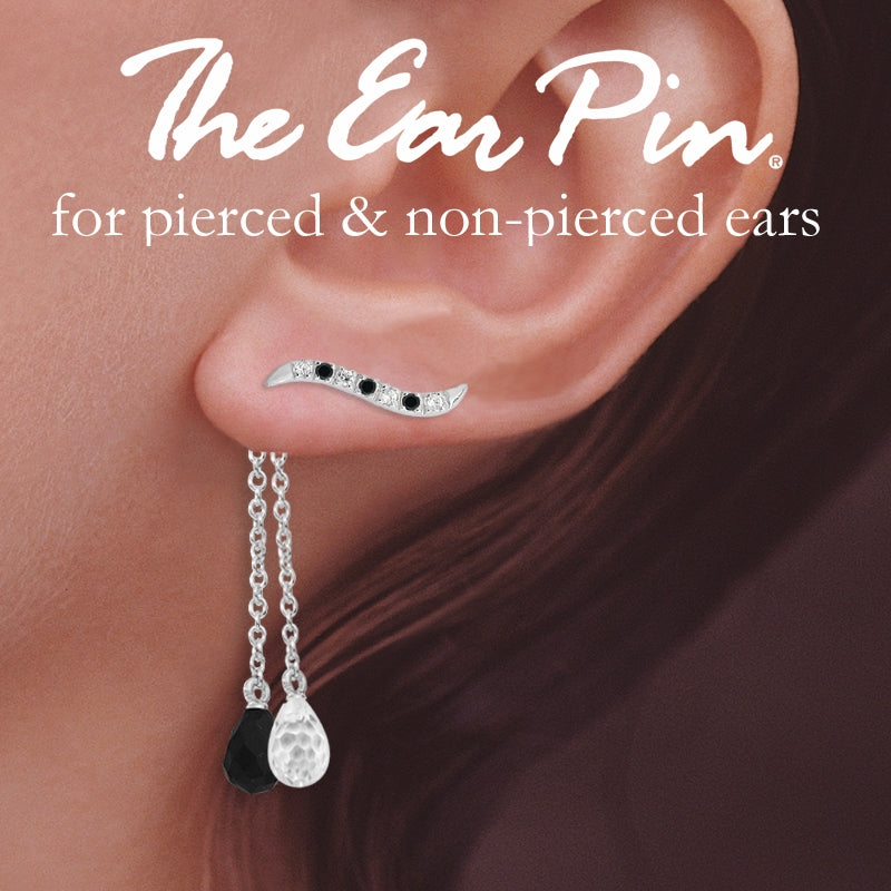 Ear Climber Classic Cubic Ear Pin Earrings w Double Set of Interchangeable Black and Clear CZ Drop Earrings Sterling Silver