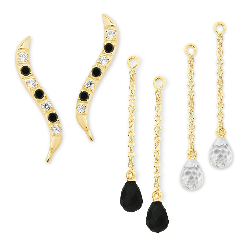 Ear Climber Classic Cubic Ear Pin Earrings w Double Set of Interchangeable Black and Clear CZ Drop Earrings 18k Gold Over Silver