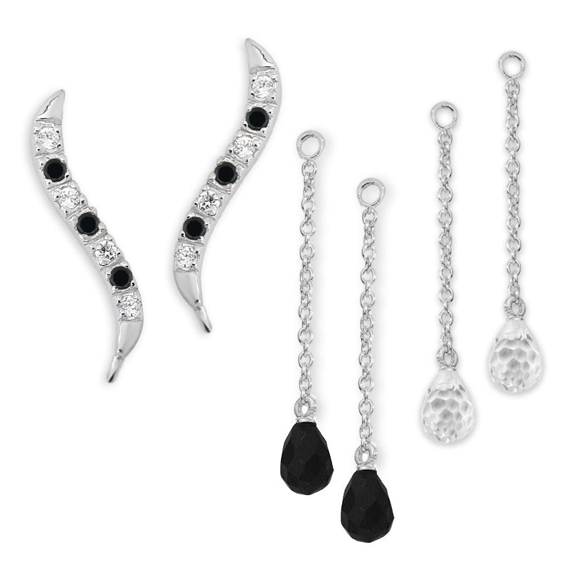 Ear Climber Classic Cubic Ear Pin Earrings w Double Set of Interchangeable Black and Clear CZ Drop Earrings Sterling Silver