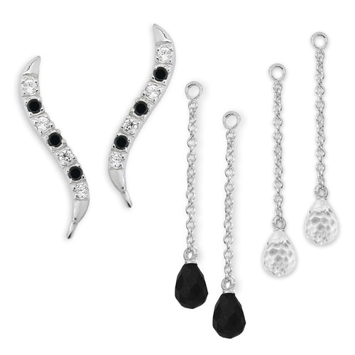 Ear Climber Classic Cubic Ear Pin Earrings w Double Set of Interchangeable Black and Clear CZ Drop Earrings Sterling Silver