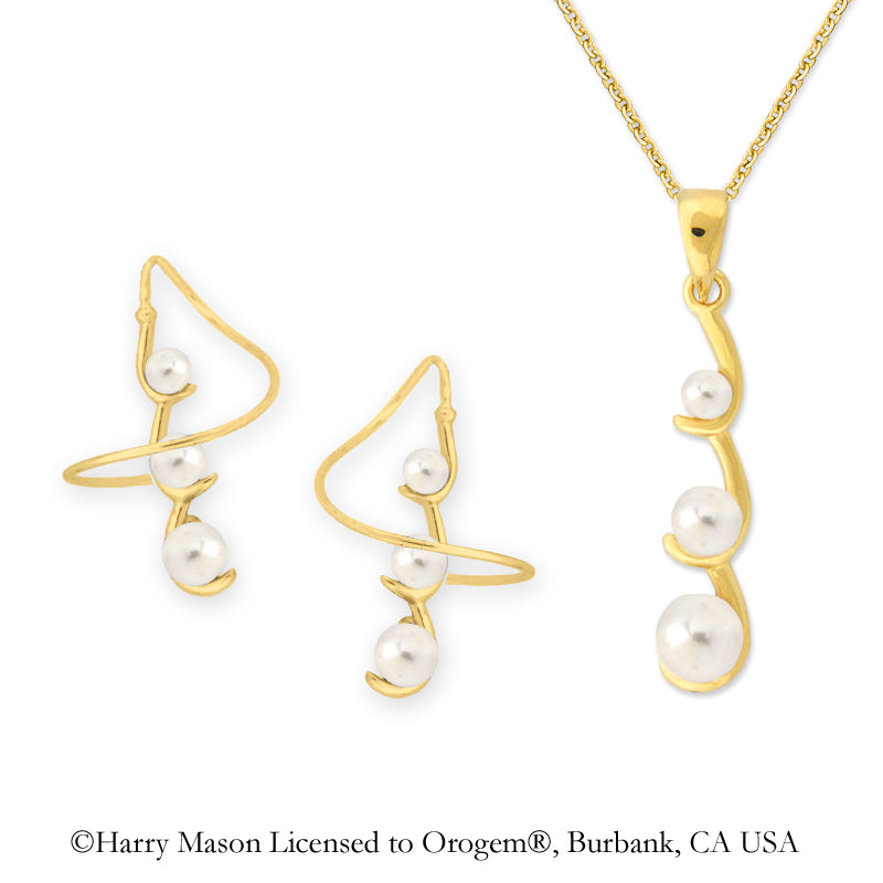 18k Gold Over Silver Graduating Pearls Earspirals Earrings with Matching Pearl Pendant 