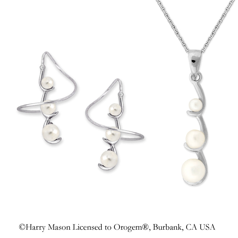 Silver Graduating Pearls Earspirals Earrings with Matching Pearl Pendant