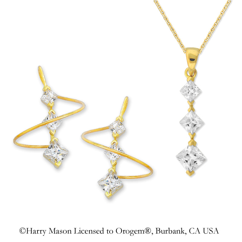 18k Gold Over Silver Princess Cut Cubic Zirconia Earspirals Earrings with Matching CZ Pendant