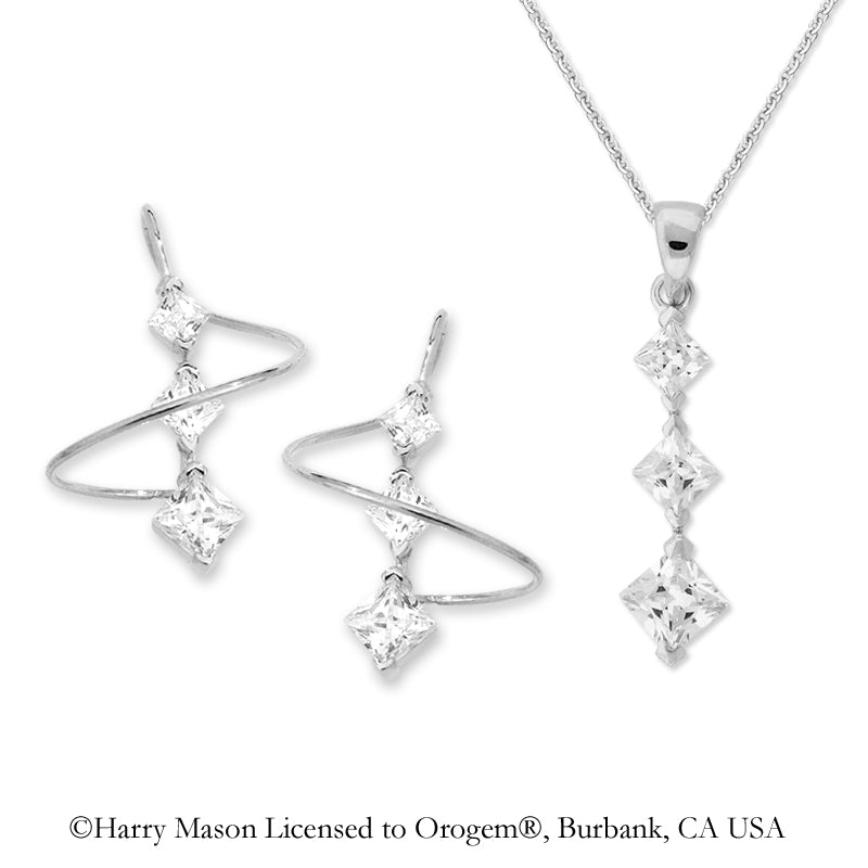 Silver Princess Cut Cubic Zirconia Earspirals Earrings with Matching CZ Pendant