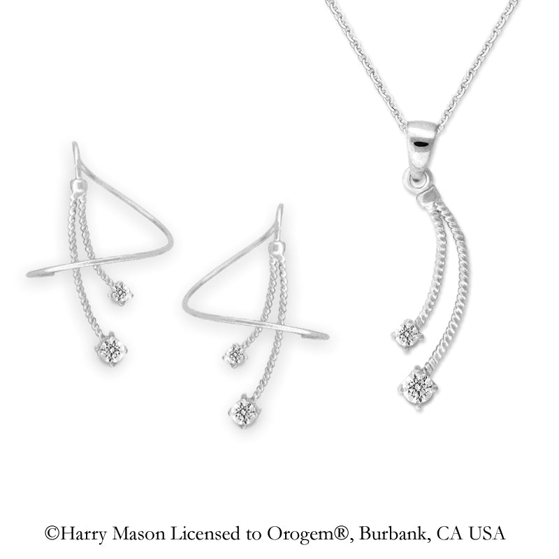 Silver Cubic Zirconia Double Drop Earspirals Earrings with Matching Pendant