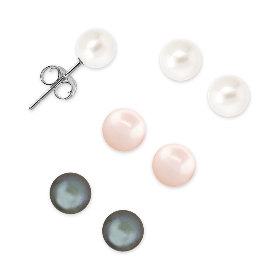 White-Pink-Grey Freshwater Cultured Pearls Triple Set Post & Butterfly Silver Stud Earrings