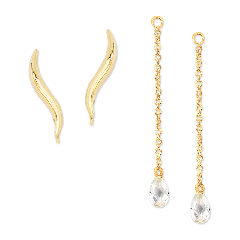 Ear Climber Classic Short Ear Pin Earrings w Interchangeable Cubic Zirconia Enhancer Drop Earrings 18k Gold Over Silver