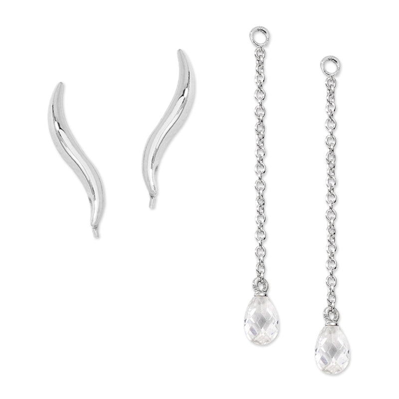 Ear Climber Classic Short Ear Pin Earrings w Interchangeable Cubic Zirconia Enhancer Drop Earrings Sterling Silver