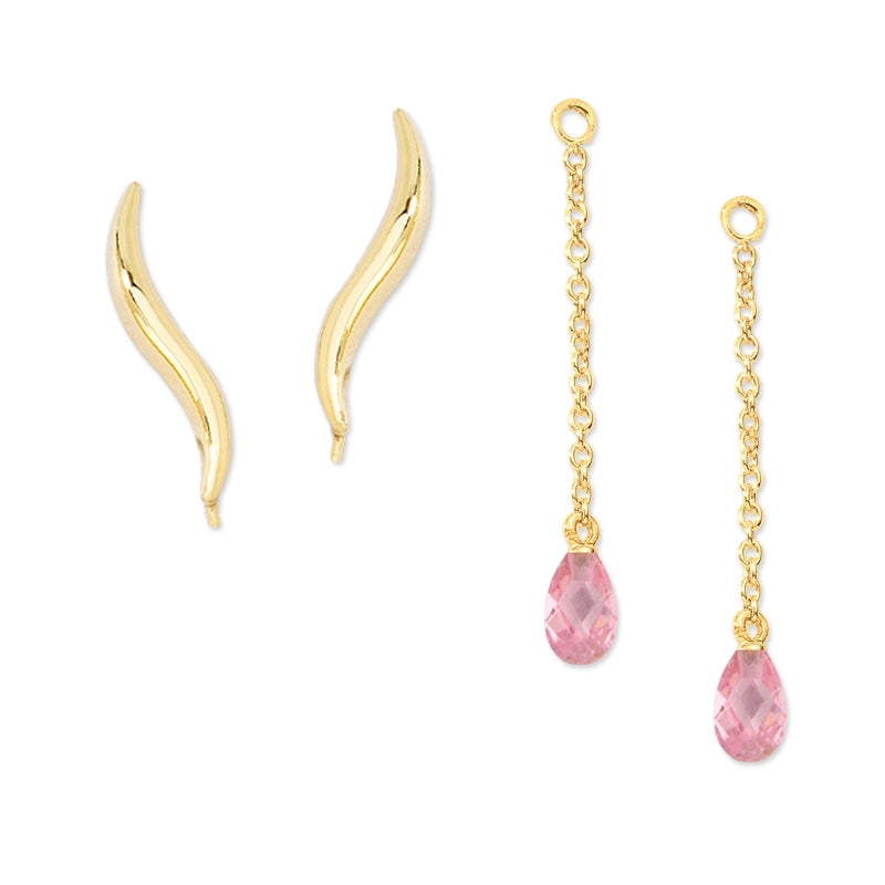 Ear Climber Classic Short Ear Pin Earrings w Interchangeable Pink Cubic Enhancer Drop Earrings 18k Gold Over Silver