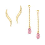 Ear Climber Classic Short Ear Pin Earrings w Interchangeable Pink Cubic Enhancer Drop Earrings 18k Gold Over Silver