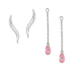 Ear Climber Classic Short Ear Pin Earrings w Interchangeable Pink Cubic Enhancer Drop Earrings Sterling Silver