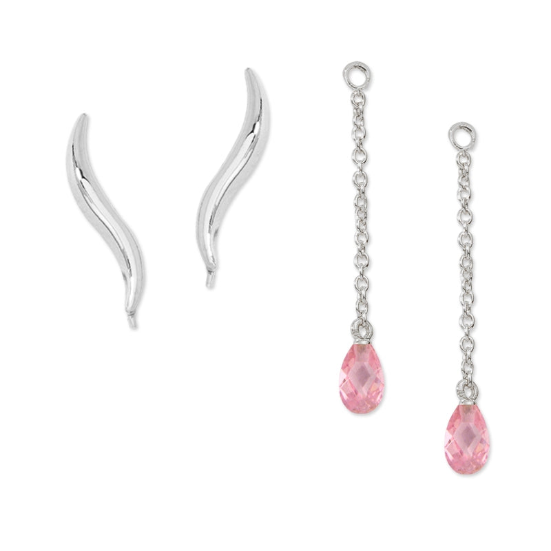 Ear Climber Classic Short Ear Pin Earrings w Interchangeable Pink Cubic Enhancer Drop Earrings Sterling Silver